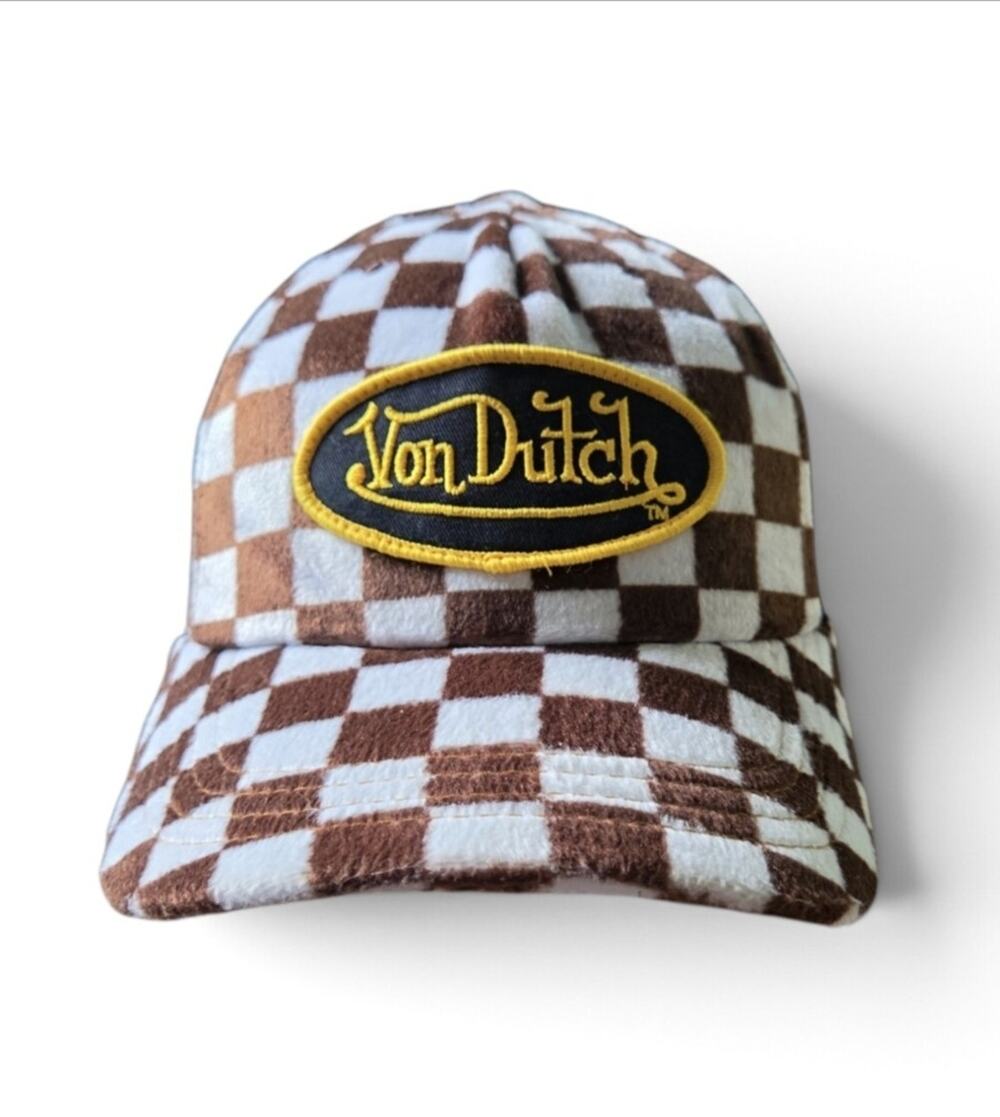 VTG Y2K Von Dutch Trucker Hat Faux Fur Checkerboard Mesh Snapback Cap Rare